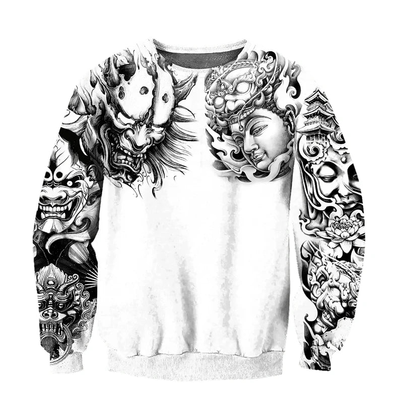 I.L.F.A.: Japanese Mythology Mask Printed Sweatshirt Men's Clothes Harajuku Street Pullover Top 3D Printed Mysterious Culture Sweatshirts