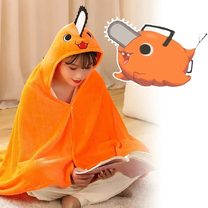Chainsaw Man: Pochita Blanket Shawl Cute Women Pajamas Kawaii Chainsaw Man Cosplay Costume Adult Plaid Blanket Flannel Homewear
