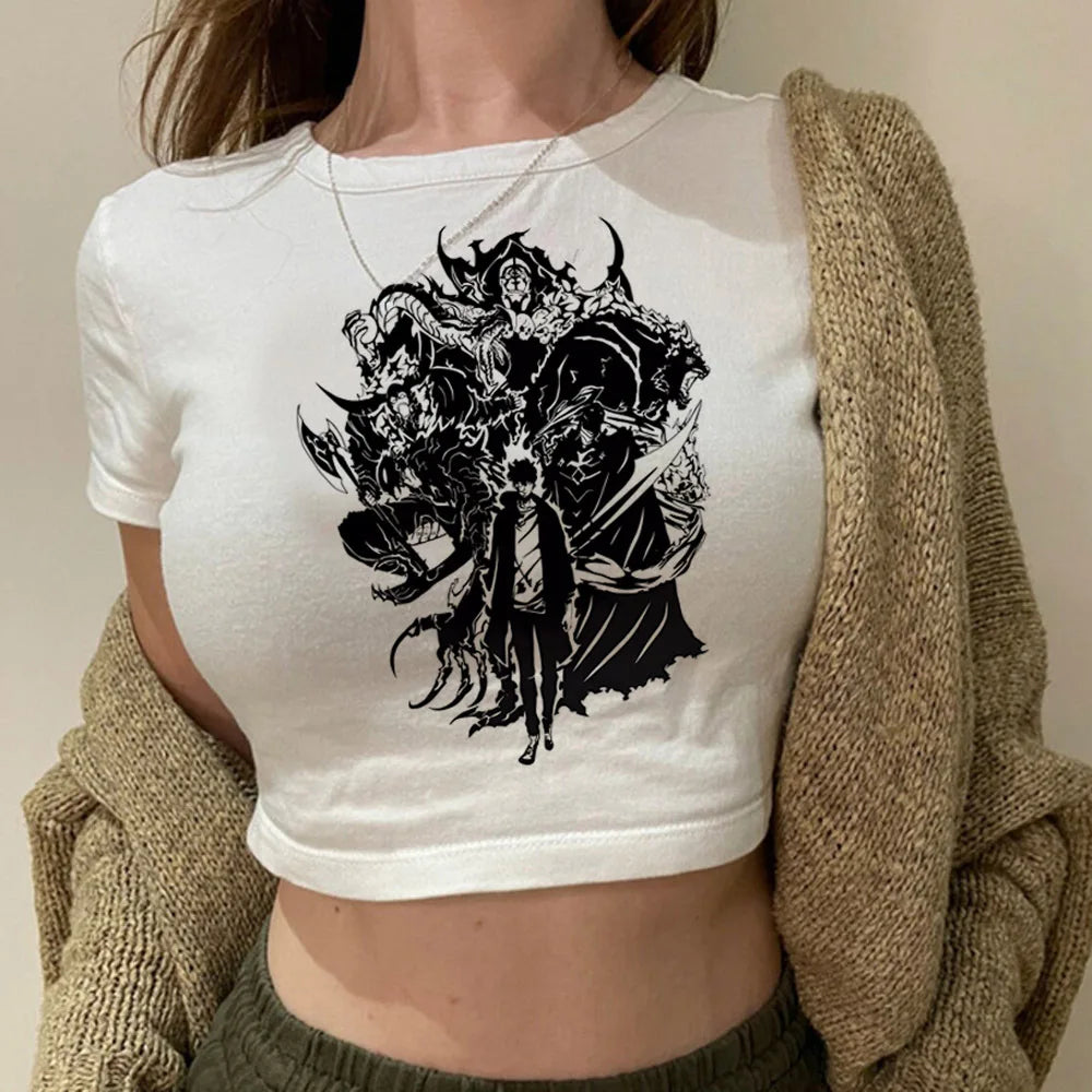 Solo Leveling: Levelling crop top gothic  summer cute Aesthetic 2000s harajuku coquette Streetwear babydoll woman t-shirt