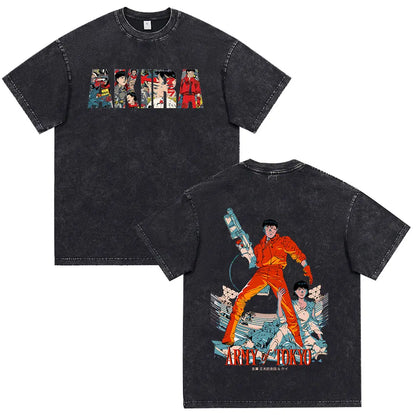 Akira: Washed Vintage T Shirt Science Fiction Cartoon Movie Shotaro Kaneda T-shirt Cotton Casual T-shirt