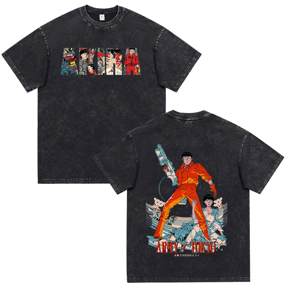 Akira: Washed Vintage T Shirt Science Fiction Cartoon Movie Shotaro Kaneda T-shirt Cotton Casual T-shirt