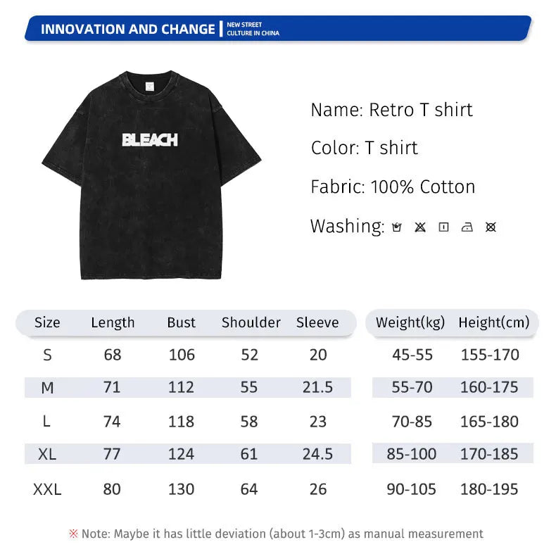 Bleach: Zaraki Kenpachi T Shirts Oversized Vintage Washed  T-shirt Manga Kurosaki Ichigo T Shirt Renji Uryuu Tops Tees Man