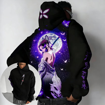 Demon Slayer: Y2K Trendy Hoodie Men's Autumn/Winter New Kochou Shinobu Anime Printed Street Hip Hop Casual Loose Parent Child Top