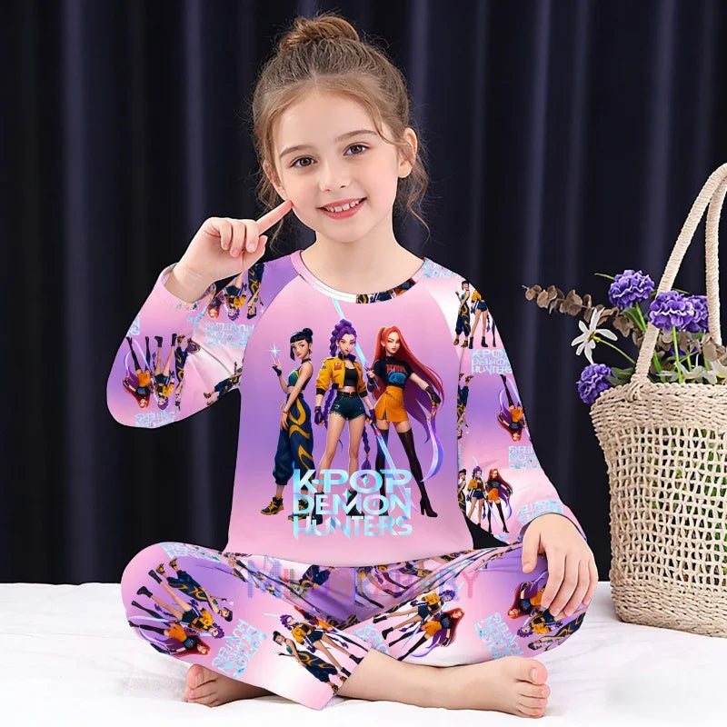 KPop Demon Hunter: New Spring Pijamas Long Sleeve Print Cartoon Hunter Pajamas Set Kids Boys Girls Sleepwear Nightwear Homewear Clothes Set