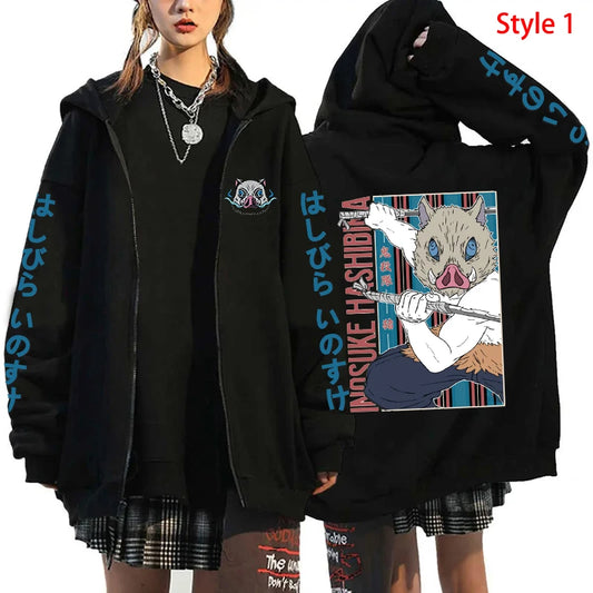 Demon Slayer: Hot Hashibira Inosuke Printing Zipper Hoodie Fashion Y2k Personality Zipper Long Sleeve Hooded Sweatshirt