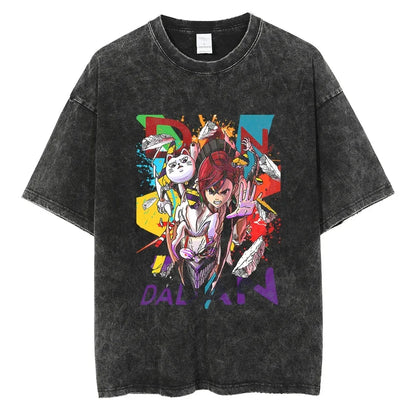 Dandadan :26 Anime Okarun Ken Takakura Print Washed Tshirt Men Manga Vintage T-shirts Oversized Cotton T Shirt Harajuku Male Tops