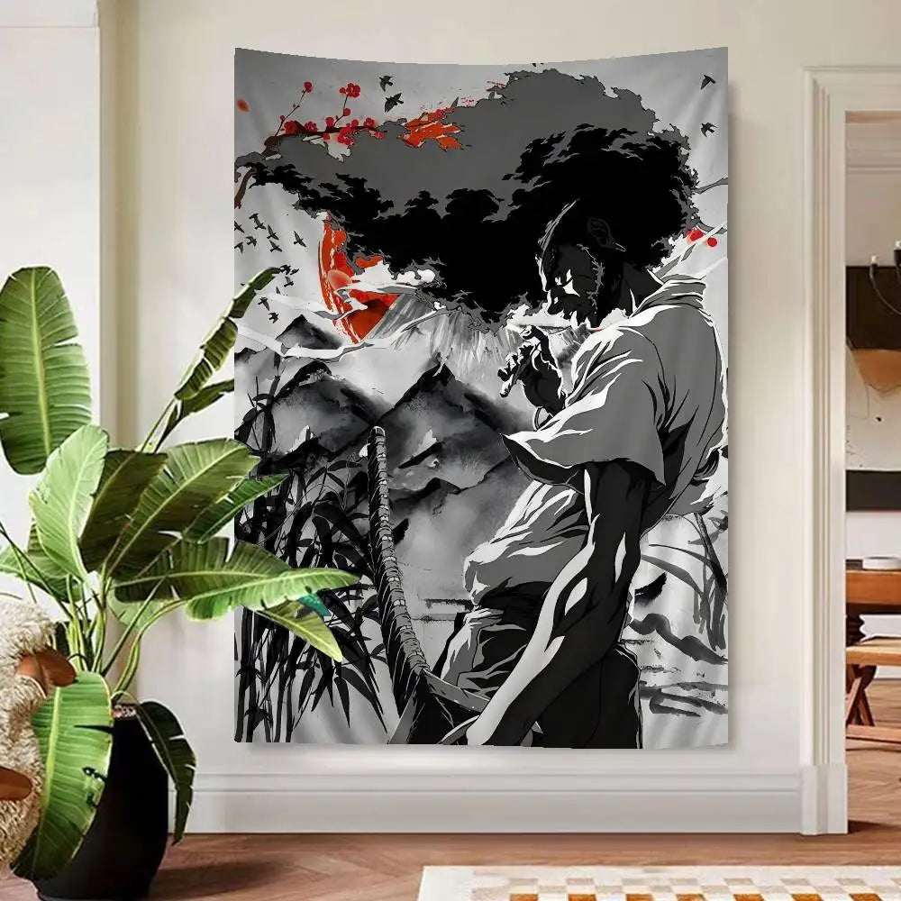Afro Samurai:  Anime Tapestry Hippie Flower Wall Carpets Dorm Decor Cheap Hippie Wall Hanging