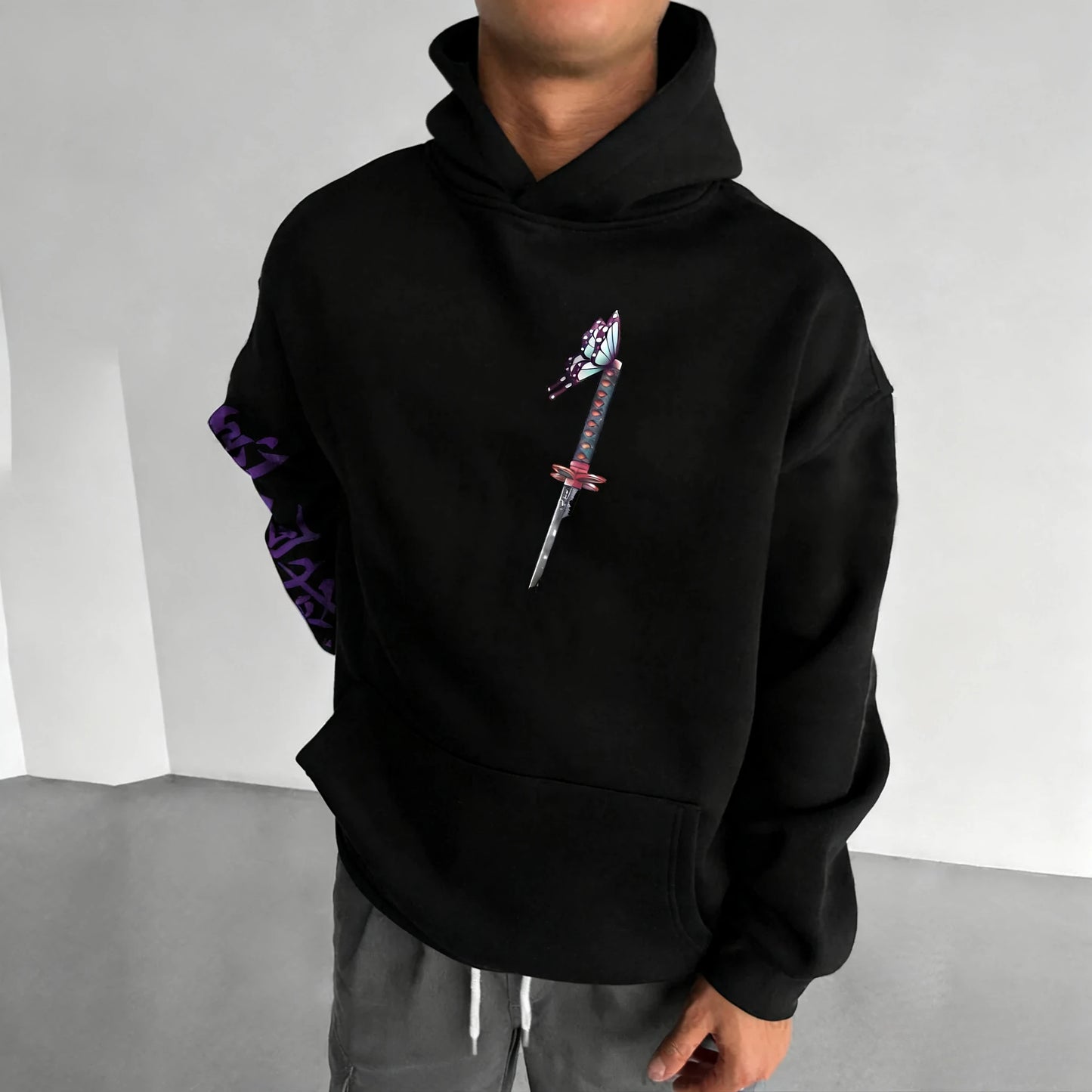 Demon Slayer: Y2K Trendy Hoodie Men's Autumn/Winter New Kochou Shinobu Anime Printed Street Hip Hop Casual Loose Parent Child Top