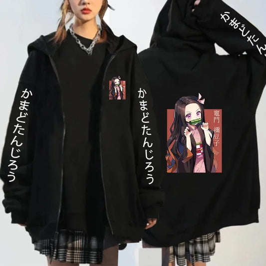 Demon Slayer Pattern Printed Sweatshirt Autumn/Winter Warm Long Sleeve Coat - Women's Fashion Zipper Sweater Hoodie