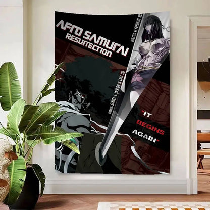 Afro Samurai:  Anime Tapestry Hippie Flower Wall Carpets Dorm Decor Cheap Hippie Wall Hanging