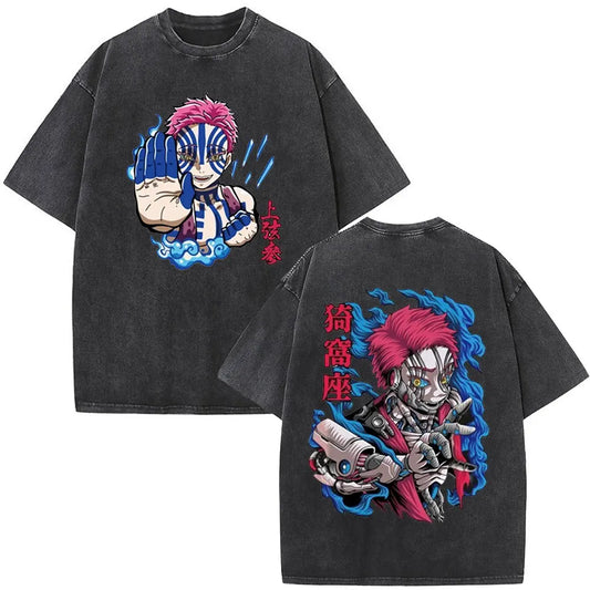 Demon Slayer: Washed Vintage Anime Akaza Graphic T-shirts Men Women Clothing Cotton Oversized Short Sleeve T Shirts Streetwear