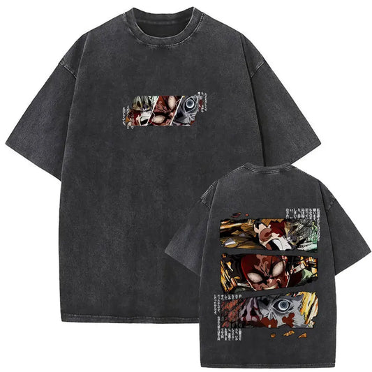 Demon Slayer: Washed Vintage Anime Akaza Graphic T-shirts Men Women Clothing Cotton Oversized Short Sleeve T Shirts Streetwear