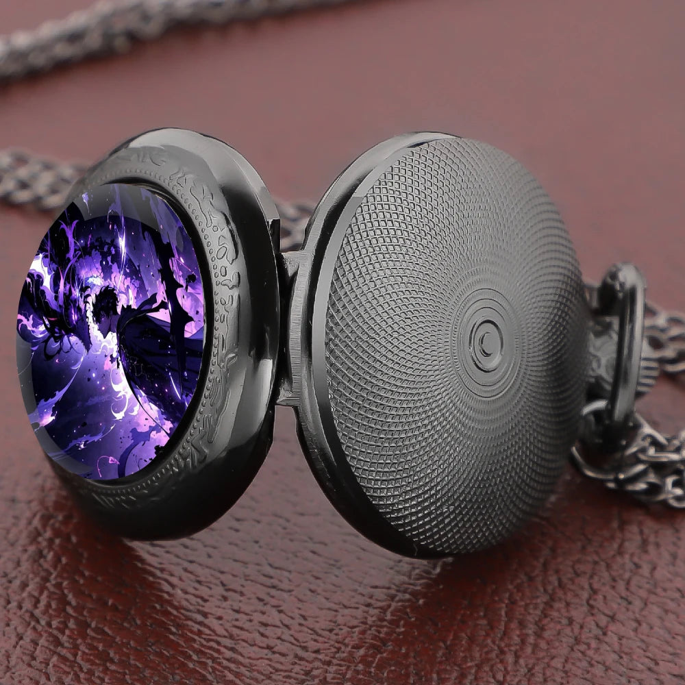 Solo Leveling Arabic Dial Black Glass Dome Quartz Pocket Watch Vintage Accessory Women Necklace Pendant Clock Men Gifts Relógio