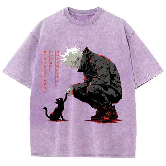 Jujutsu Kaisen: Y2K Washed Tshirt, Gojo Satoru And Cat Kitten, Oversized Streetwear Vintage Washed Short T-shirt For Men Women