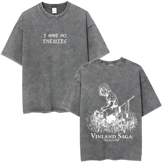 Vinland Saga :Thorfinn I Have No Enemies Vintage Washed T Shirt Men's Women Manga Casual Oversized T-shirts Male Streetwear