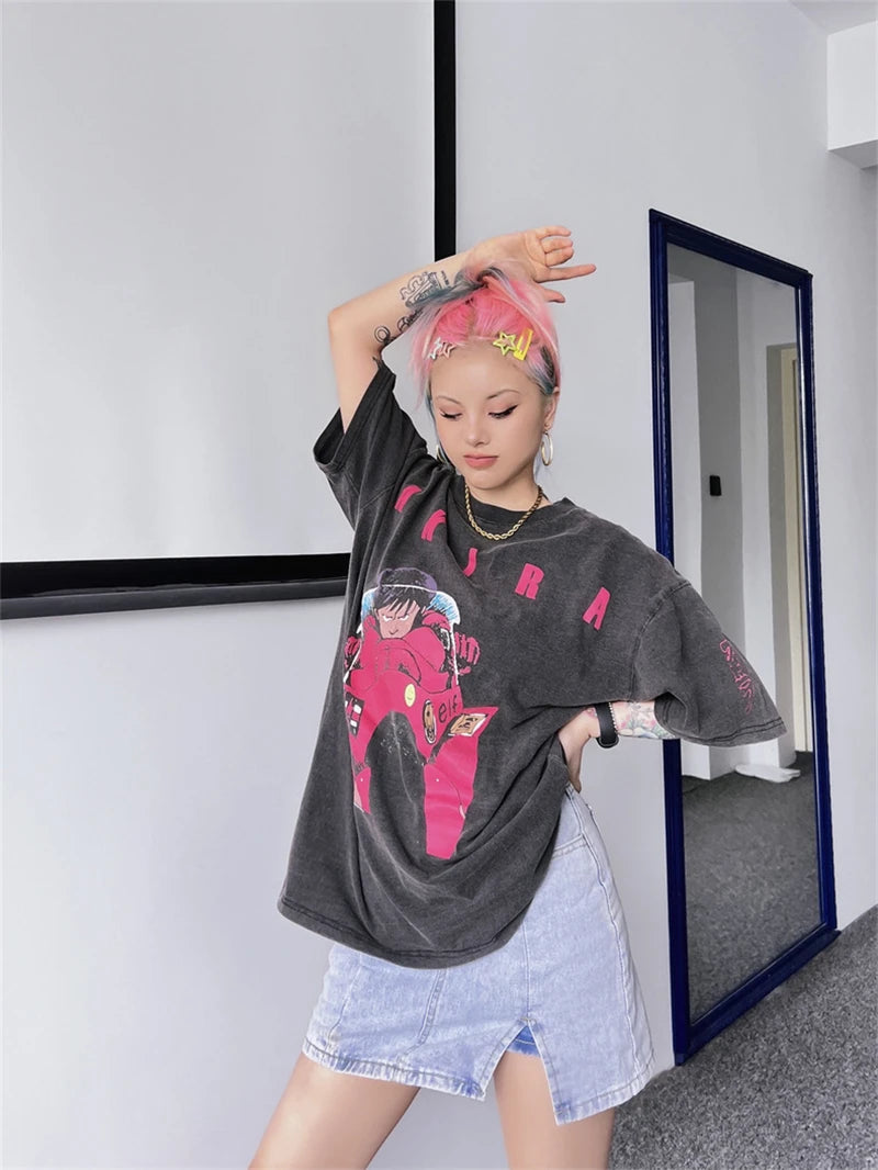 Akira: Vintage T-Shirt Summer Washed 100% Cotton Loose High Street Casual Men and Women Short Sleeve
