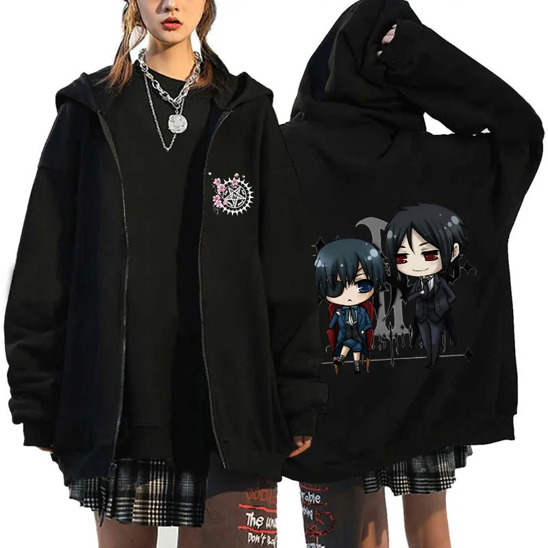 Anime Black Butler Michaelis Sebastian Phantomhive Ciel Print Hooded Men Women Hoodies Casual Sweatshirt Harajuku Zipper Jacket