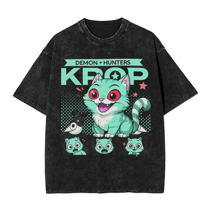 K-Pop Demon Hunters Washed T-Shirt Man Derpy Tiger Casual T-Shirts Summer Breathable Trendy Tee Shirt Design Plus Size Clothes