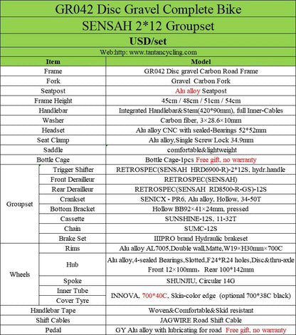 Yowamushi Pedal: SENSAH 1X12S Hydraulic Groupset Gravel Bike Cyclocrossy Bicycle GR042 Aluminum Wheelset 45/48/51/54cm Size