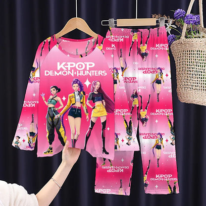 KPop Demon Hunter: New Spring Pijamas Long Sleeve Print Cartoon Hunter Pajamas Set Kids Boys Girls Sleepwear Nightwear Homewear Clothes Set