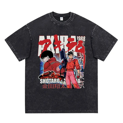Akira: Washed Vintage T Shirt Science Fiction Cartoon Movie Shotaro Kaneda T-shirt Cotton Casual T-shirt