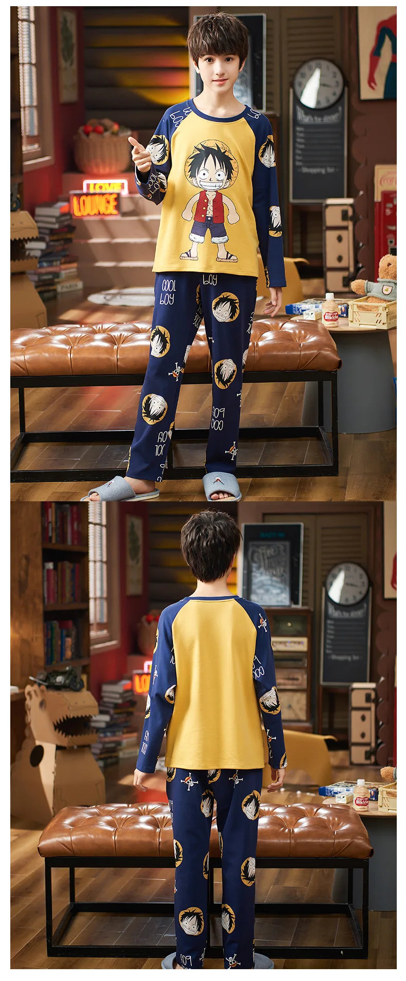One Piece: Luffy Cute Cartoon Kids Pajamas Suit 3-14 Y Boys Autumn Thin Long Sleeves Home Clothes Sleepwear Set Kids Gift