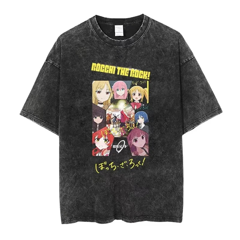 Bocchi The Rock: Manga Ryo Top Print Vintage T-Shirt Casual Basis O-Collar Black Shirt Short Sleeve Washed T-Shirt