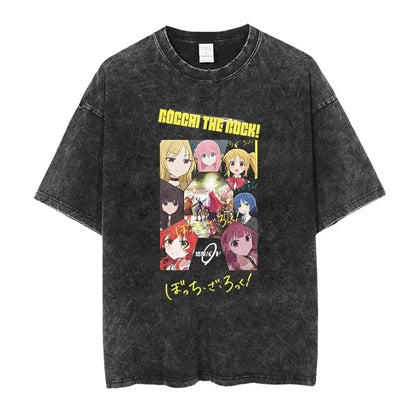 Bocchi The Rock: Manga Ryo Top Print Vintage T-Shirt Casual Basis O-Collar Black Shirt Short Sleeve Washed T-Shirt