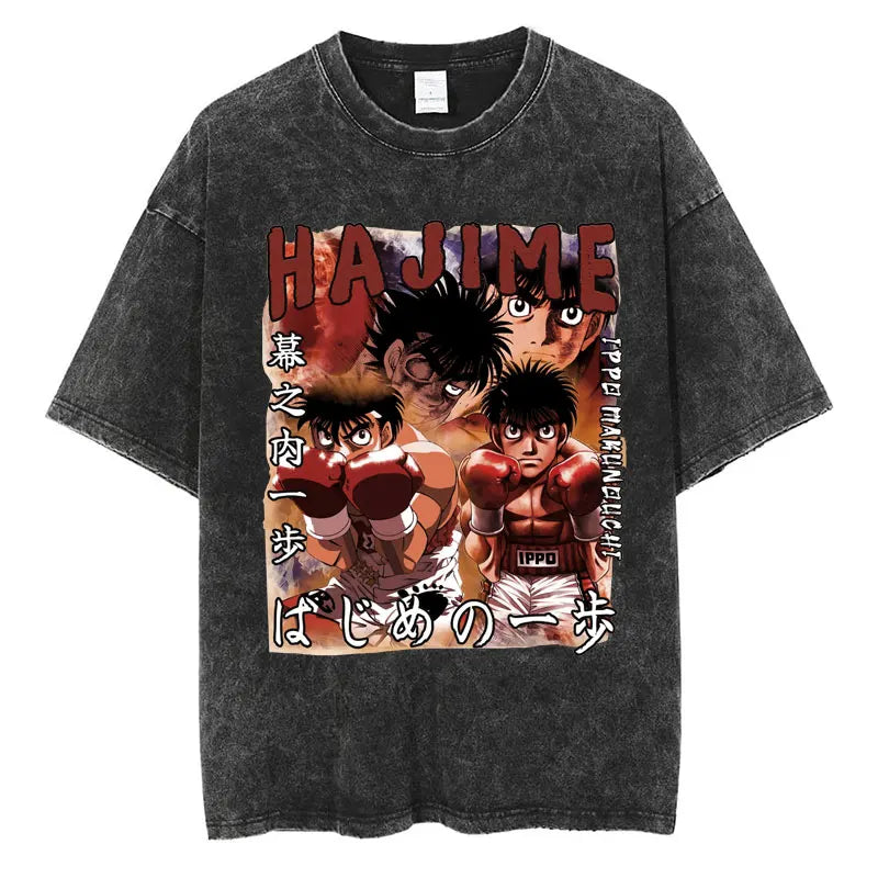 Anime Ippo Makunouchi Manga Graphic Print T-shirt Retro Washed Cotton Oversized Men Women Summer Harajuku Fashion Casual New Tee