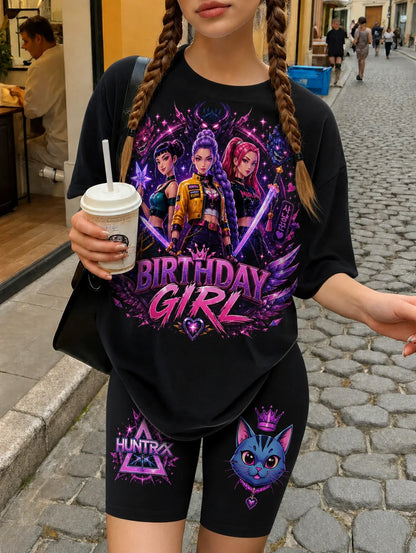 KPop Demon Hunters: Girls Purple Galaxy  2Pcs Outfit Anime Girl & Magic Cat Print Tee Neon Cat Pattern Biker Shorts Kids Summer Set