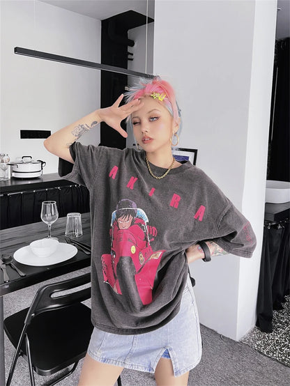 Akira: Vintage T-Shirt Summer Washed 100% Cotton Loose High Street Casual Men and Women Short Sleeve