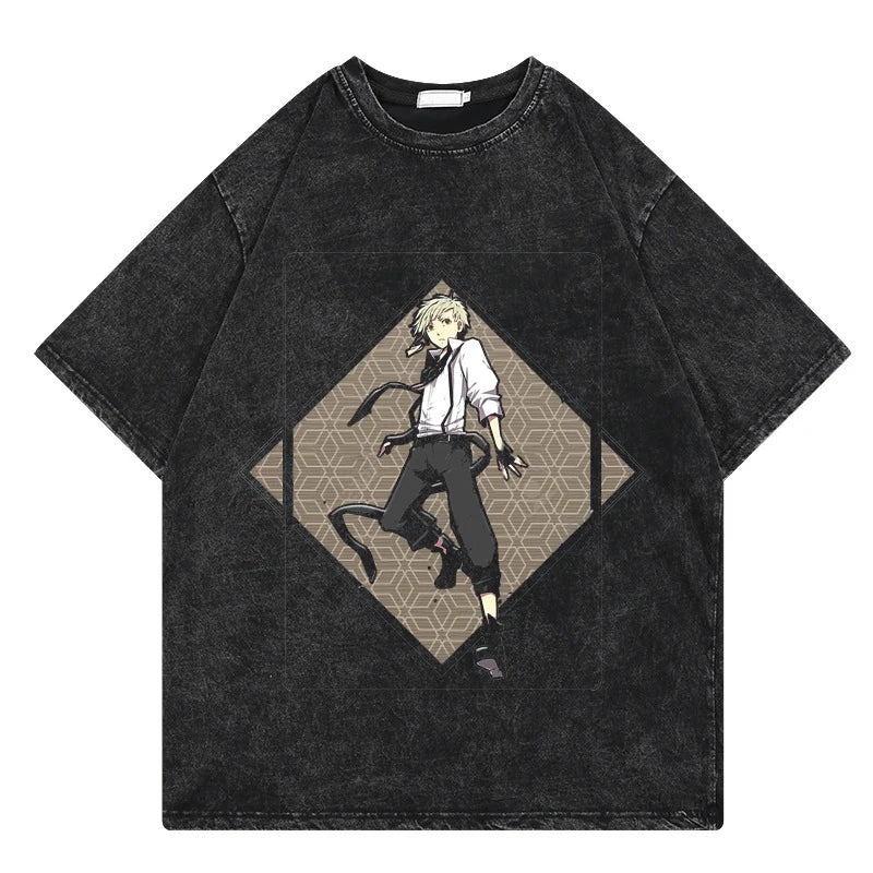 Bungo Stray Dogs: Vintage Washed Tshirt Loose Y2k Streetwear Print Casual 100% Cotton Harajuku Cool Tops Tees For Men Women