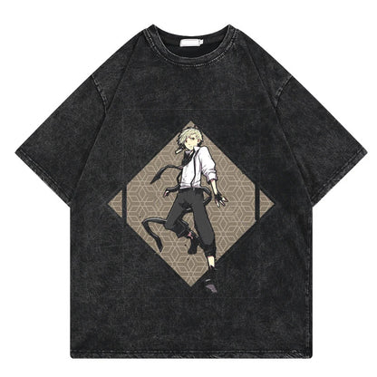 Bungo Stray Dogs: Vintage Washed Tshirt Loose Y2k Streetwear Print Casual 100% Cotton Harajuku Cool Tops Tees For Men Women
