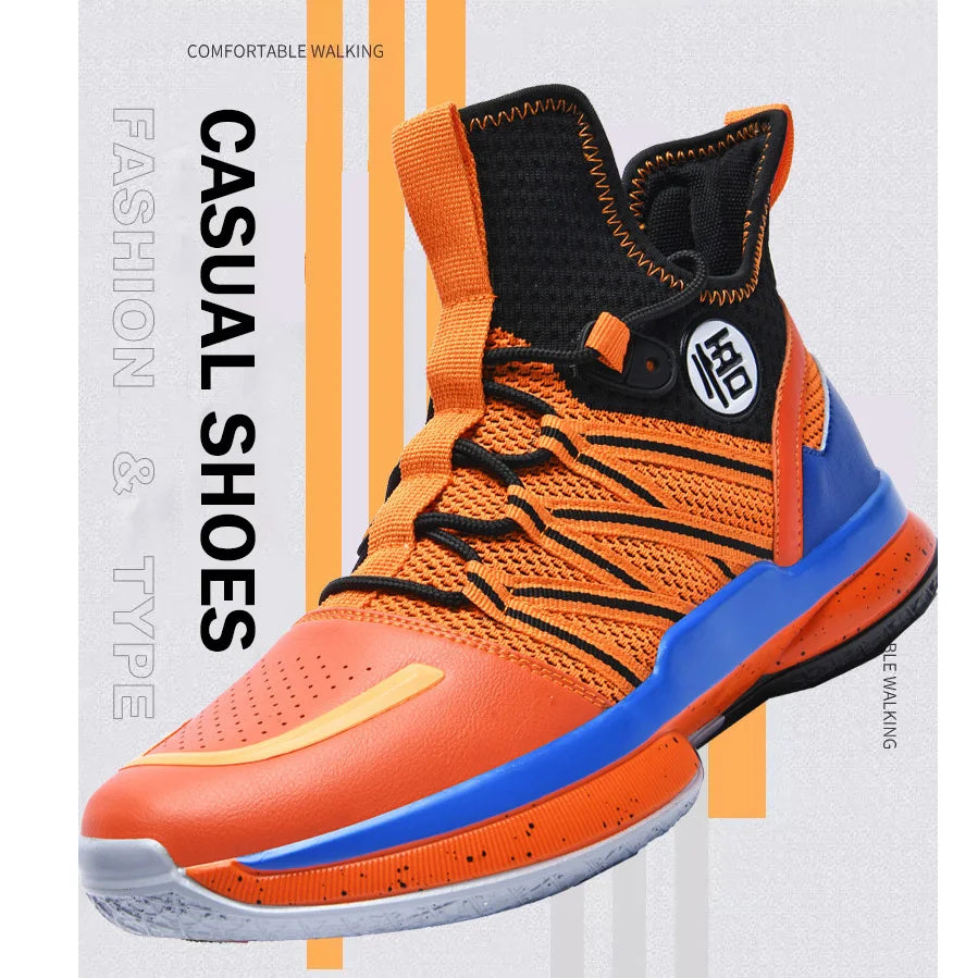 Dragon Ball Style Orange Mens Basketball Shoes Size 39-44 Air Cushioning Sport Sneakers Mesh Breathable Training Shoes