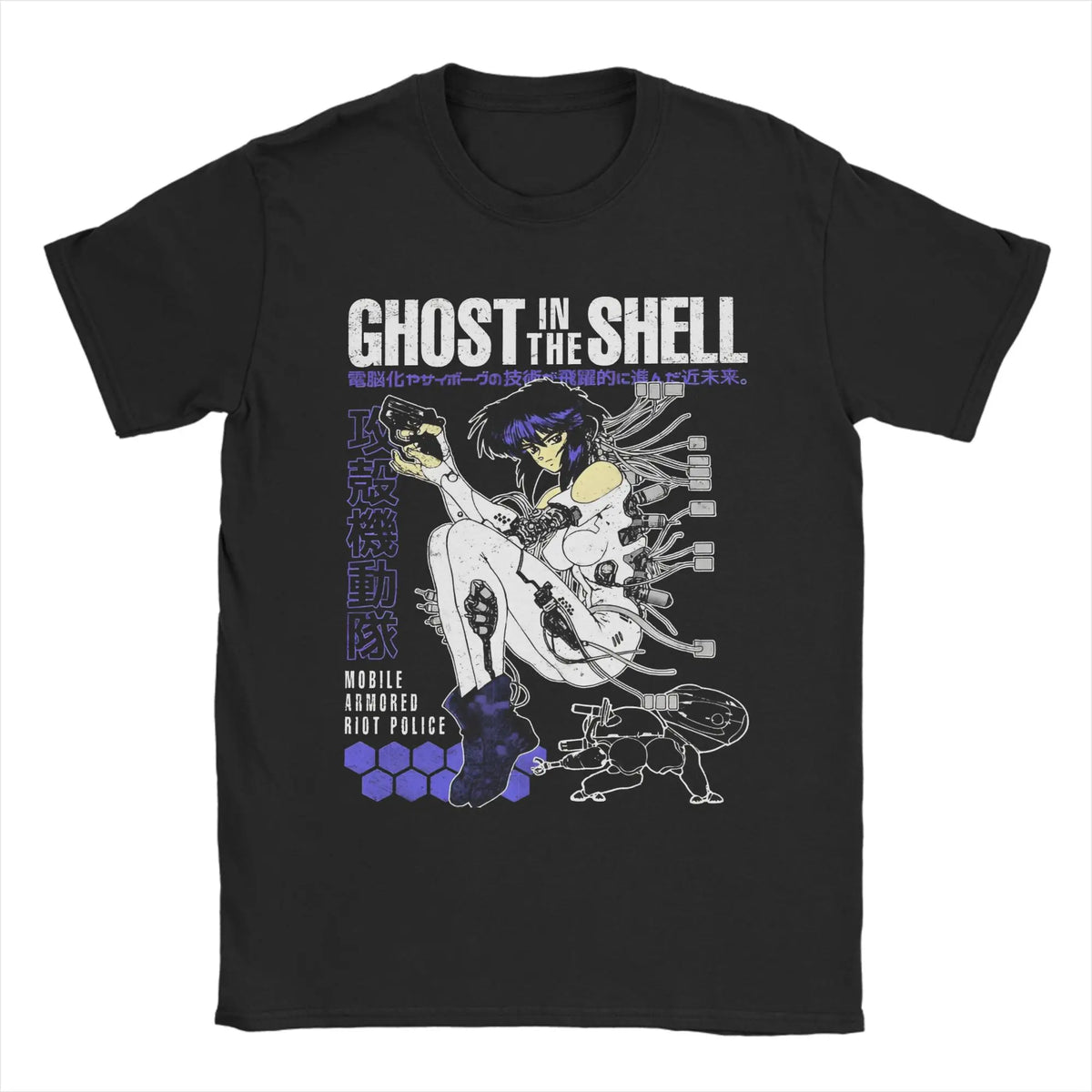 Ghost in the Shell: Major & Japanese Text Print T-Shirt Oversized Black Streetwear Cotton Tee Anime Sci-Fi Aesthetic