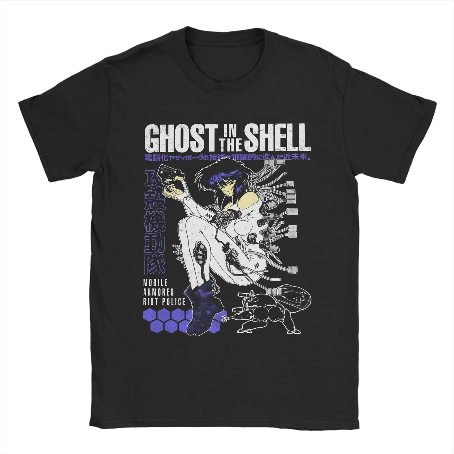 Ghost in the Shell: Major & Japanese Text Print T-Shirt Oversized Black Streetwear Cotton Tee Anime Sci-Fi Aesthetic
