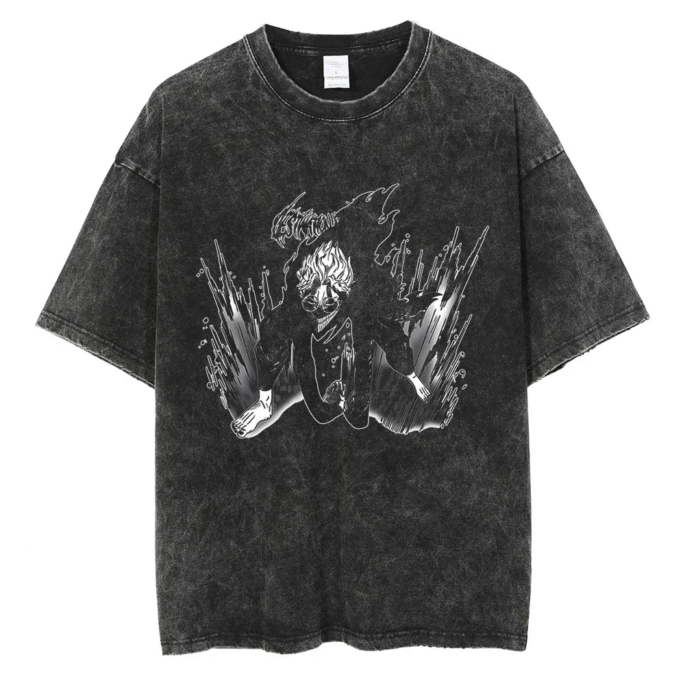 Dandadan :26 Anime Okarun Ken Takakura Print Washed Tshirt Men Manga Vintage T-shirts Oversized Cotton T Shirt Harajuku Male Tops