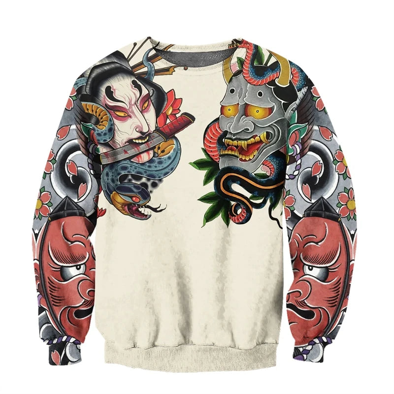 I.L.F.A.: Japanese Mythology Mask Printed Sweatshirt Men's Clothes Harajuku Street Pullover Top 3D Printed Mysterious Culture Sweatshirts