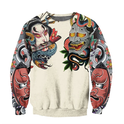 I.L.F.A.: Japanese Mythology Mask Printed Sweatshirt Men's Clothes Harajuku Street Pullover Top 3D Printed Mysterious Culture Sweatshirts