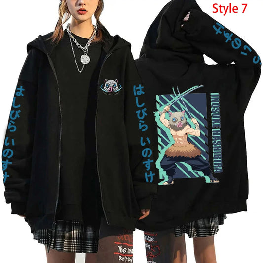 Demon Slayer: Hot Hashibira Inosuke Printing Zipper Hoodie Fashion Y2k Personality Zipper Long Sleeve Hooded Sweatshirt