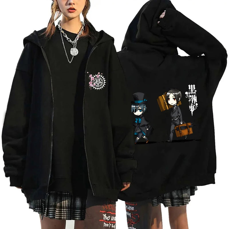 Anime Black Butler Michaelis Sebastian Phantomhive Ciel Print Hooded Men Women Hoodies Casual Sweatshirt Harajuku Zipper Jacket