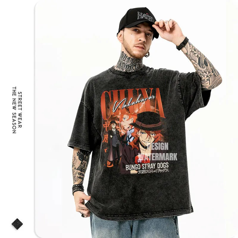 Bungo Stray Dogs: Nakahara Chuuya T-shirt Vintage Washed  Oversized Streetwear Dazai Osamu Atsushi Retro Tops Tees