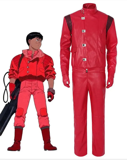 Akira: Shotaro Kaneda Men Cosplay Costume Capsule Embroidered Red Leather Biker Jacket Halloween Party Full Set Outfit