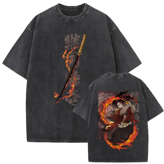 Demon Slayer: Washed Vintage Anime Akaza Graphic T-shirts Men Women Clothing Cotton Oversized Short Sleeve T Shirts Streetwear