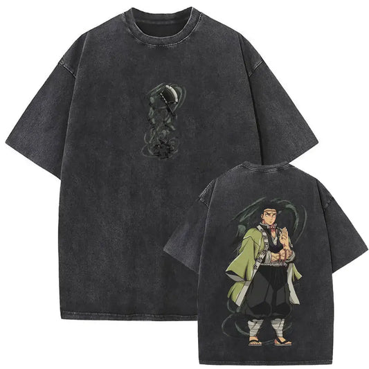 Demon Slayer: Washed Vintage Anime Akaza Graphic T-shirts Men Women Clothing Cotton Oversized Short Sleeve T Shirts Streetwear