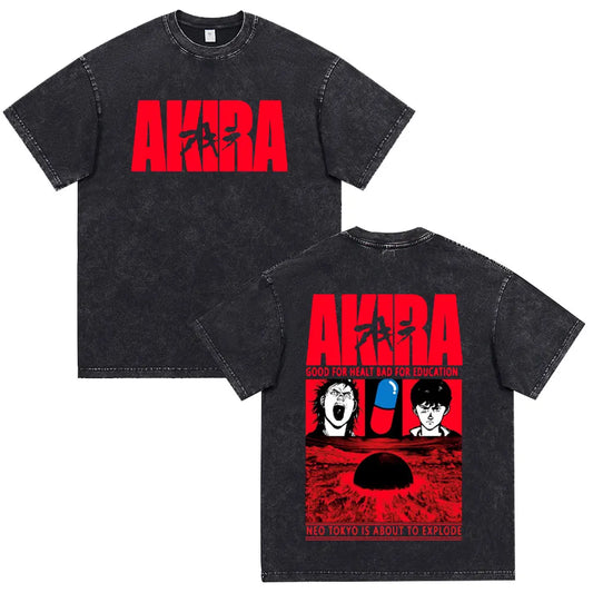 Akira: Washed Vintage T Shirt Science Fiction Cartoon Movie Shotaro Kaneda T-shirt Cotton Casual T-shirt