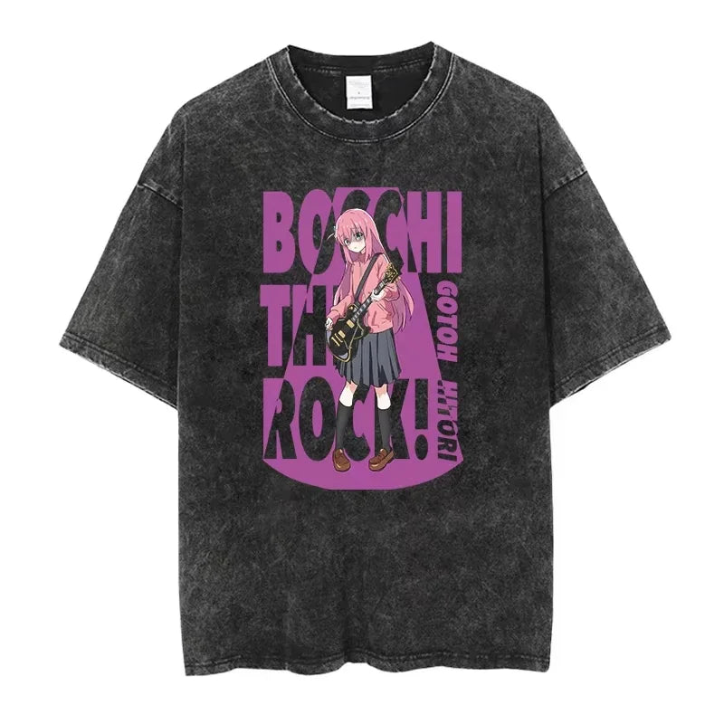 Bocchi The Rock: Manga Ryo Top Print Vintage T-Shirt Casual Basis O-Collar Black Shirt Short Sleeve Washed T-Shirt