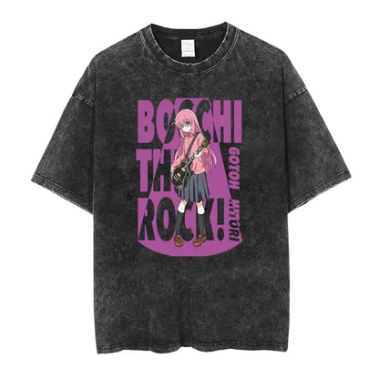 Bocchi The Rock: Manga Ryo Top Print Vintage T-Shirt Casual Basis O-Collar Black Shirt Short Sleeve Washed T-Shirt