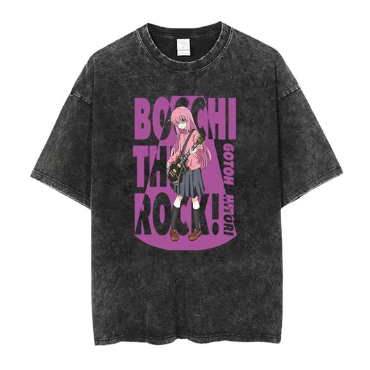 Bocchi The Rock: Manga Ryo Top Print Vintage T-Shirt Casual Basis O-Collar Black Shirt Short Sleeve Washed T-Shirt