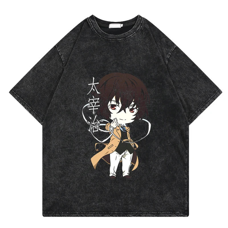 Bungo Stray Dogs: Vintage Washed Tshirt Loose Y2k Streetwear Print Casual 100% Cotton Harajuku Cool Tops Tees For Men Women
